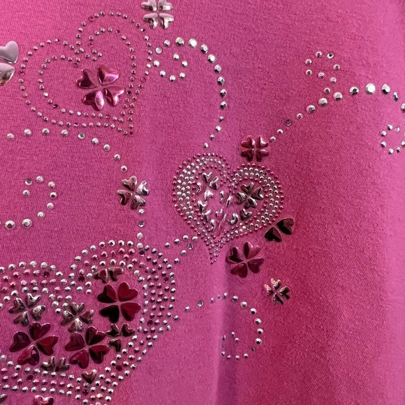 Top Stitch Pink Crewneck T Shirt Rhinestone Studded Applique Hearts Short Sleeve - Picture 4 of 7